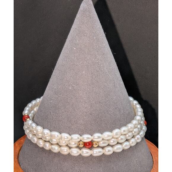 14K Gold Accent Carnelian Bead Cultured Freshwater Pearl Coiled Wire Bracelet - Picture 1 of 6